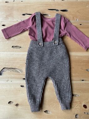 Kids Knit Suspender Pants with Long-Sleeve Top - Red and Taupe